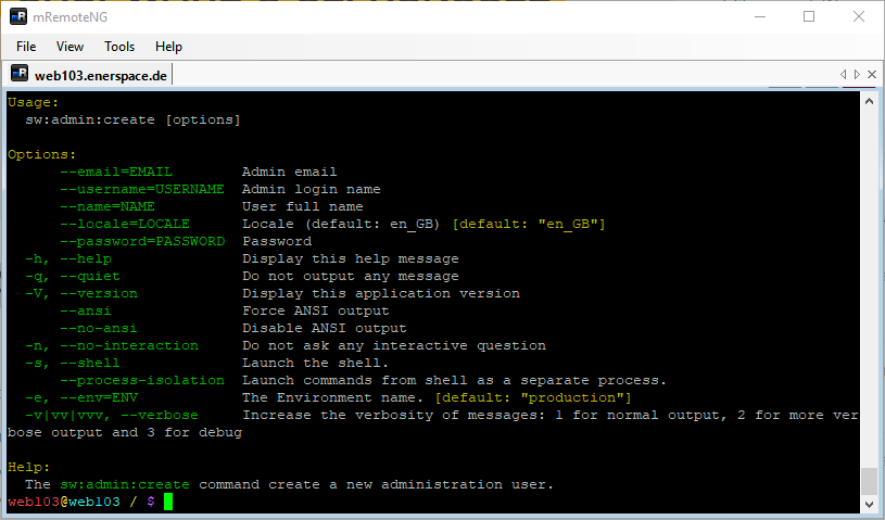 Linux Shell: Ausgabe des befehls sw:admin:create --help