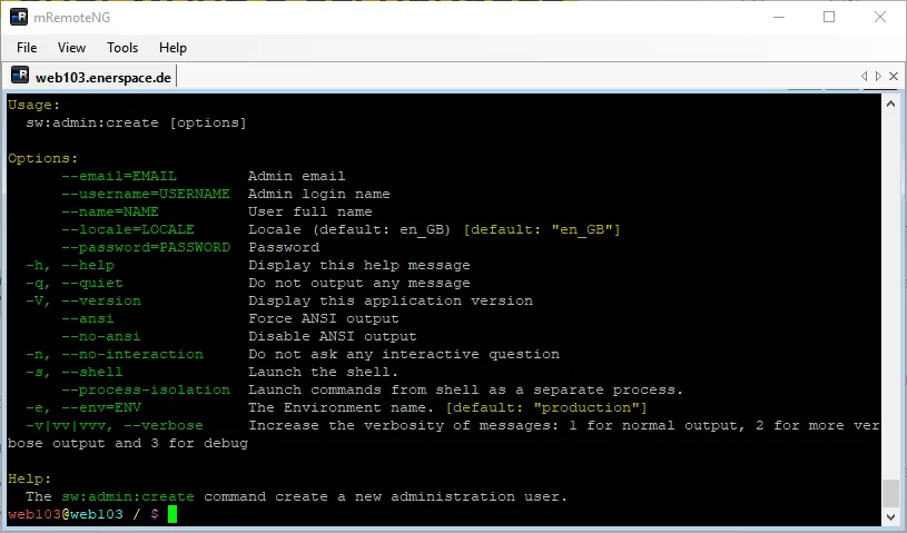 Linux Shell: Ausgabe des befehls sw:admin:create --help